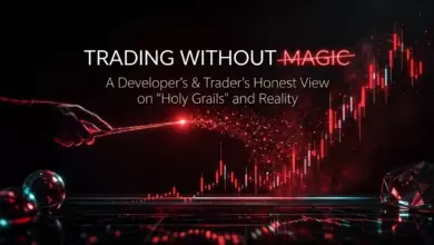 Cover image: hand with a magic wand over a red candlestick chart, Scalper Inside PRO article "Trading Without Magic"