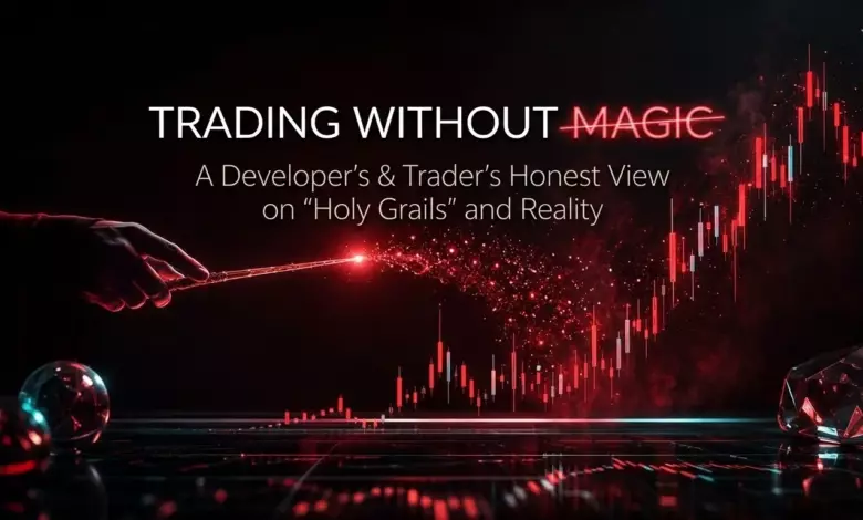 Cover image: hand with a magic wand over a red candlestick chart, Scalper Inside PRO article "Trading Without Magic"